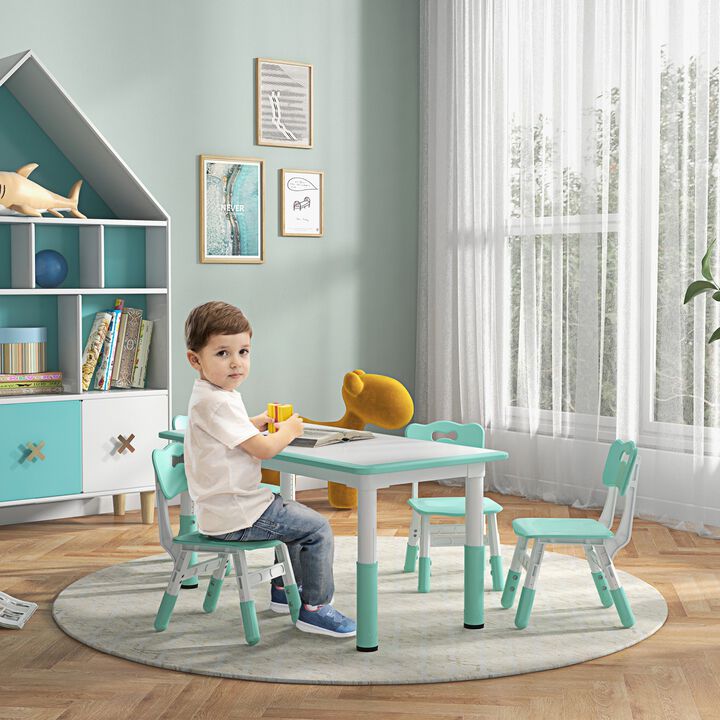 Kids Table and Chair Set with 4 Chairs, Adjustable Height, Easy to Clean Table Surface, for 1.5 - 5 Years Old, Green