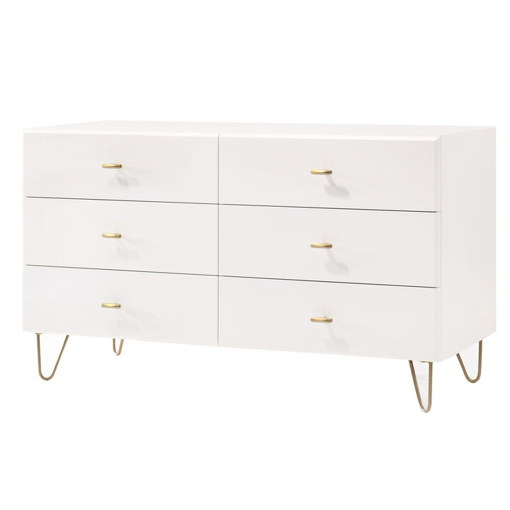 6 Drawer Wooden Dresser with Metal Hairpin Legs, White and Gold - Benzara