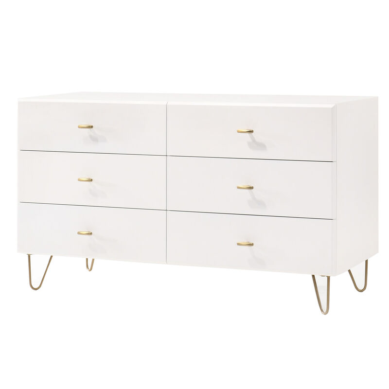 6 Drawer Wooden Dresser with Metal Hairpin Legs, White and Gold - Benzara