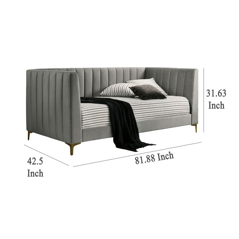 Iina Twin Daybed with Tuxedo Details, Gray Channel Tufted Flannelette - Benzara