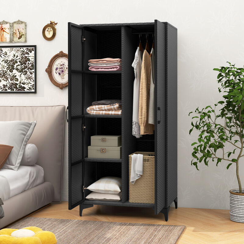 62 Inch Wicker Wardrobe with 2 Doors PE Rattan Closet with Hanging Rod