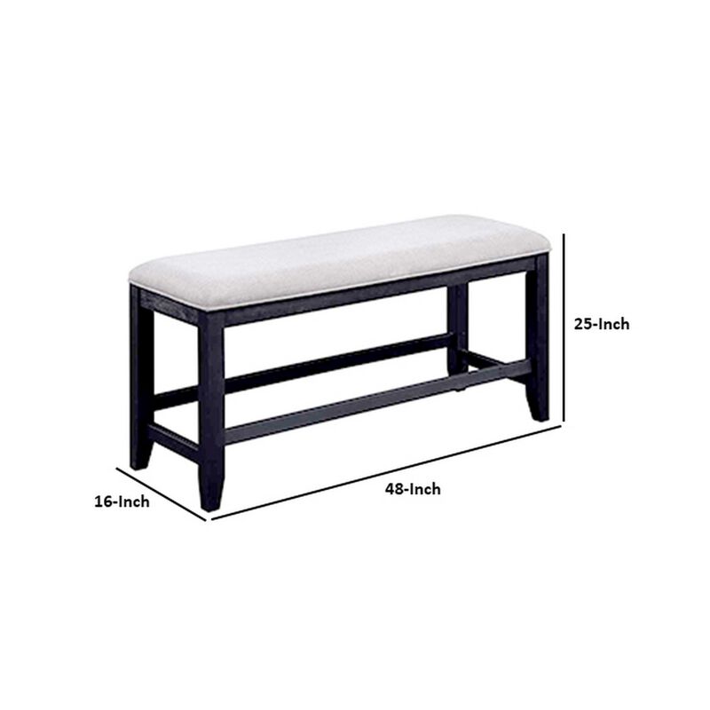 Edward 48 Inch Counter Height Dining Bench, White Fabric and Black Wood - Benzara
