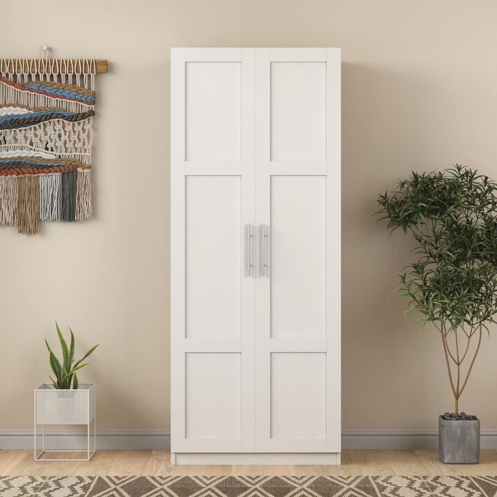 High Wardrobe And Kitchen Cabinet With 2 Doors And 3 Partitions To Separate 4 Storage Spaces, White