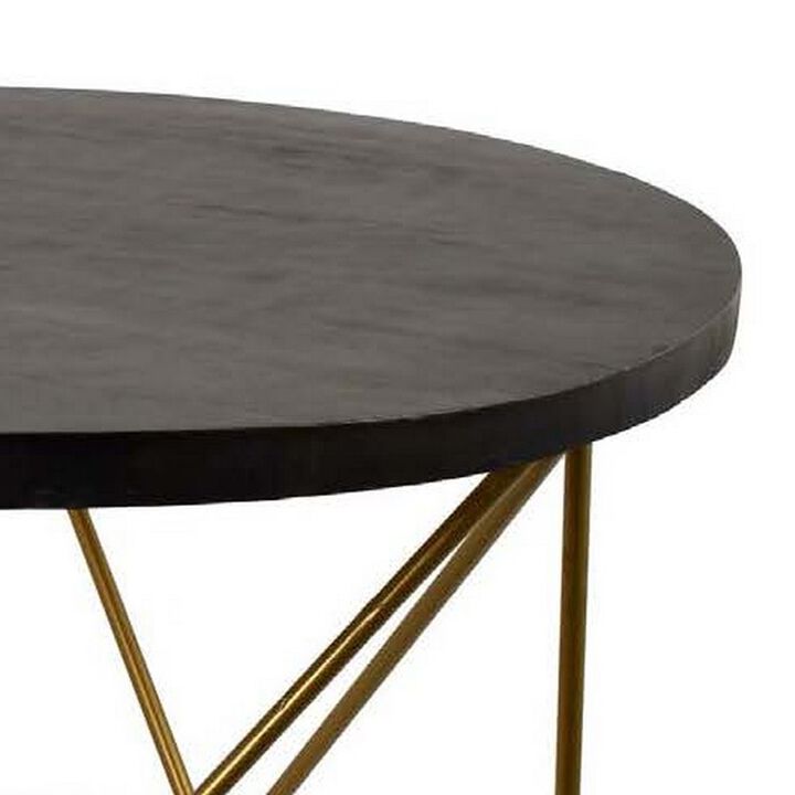 23 Inch Plant Stand Table, Round Top, Modern Gold Geometric Frame, Black - Benzara
