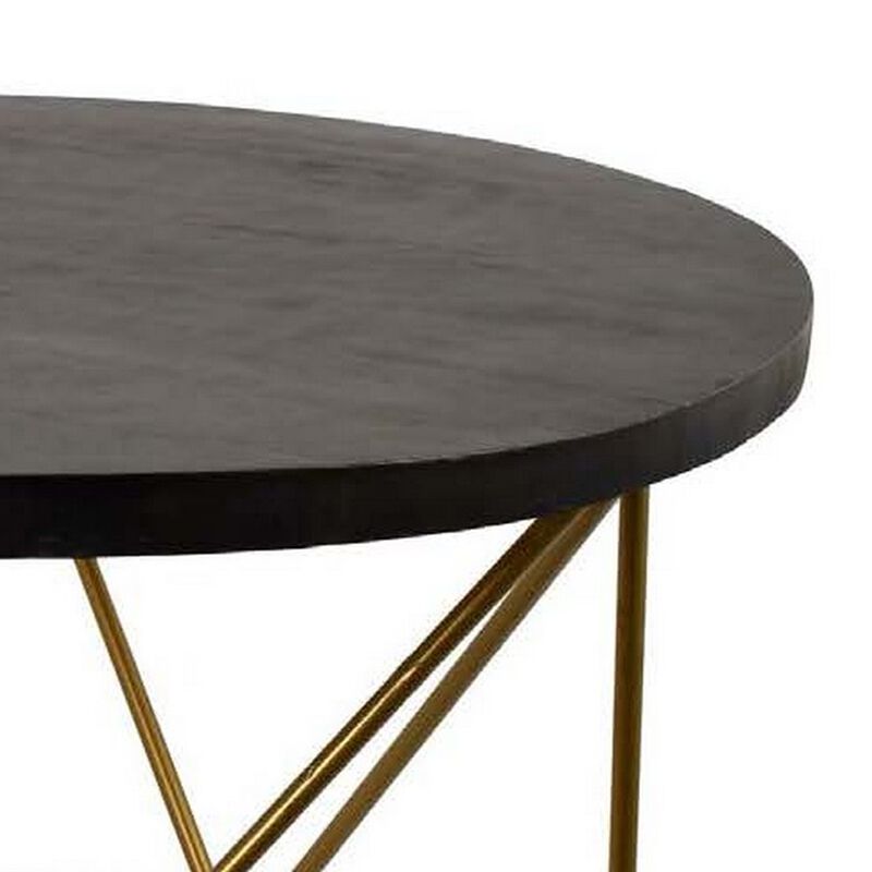 23 Inch Plant Stand Table, Round Top, Modern Gold Geometric Frame, Black - Benzara