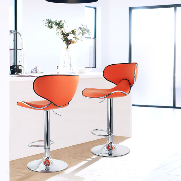 Elama 2 Piece Slim Faux Leather Adjustable Bar Stool in Orange with Chrome Base