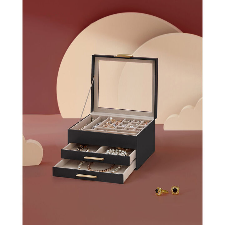 3-Layer Jewelry Box with Glass Lid and 2 Drawers - Perfect Gift for Loved Ones