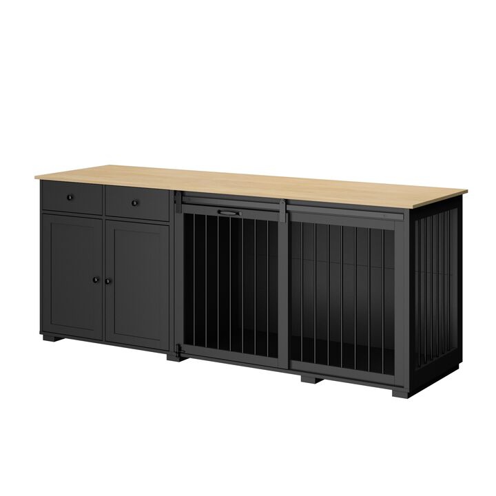 Large Dog House Furniture Dog Crate Storage Cabinet, Dog Cage with 2-Drawers and Sliding Door for Large Dogs, Black