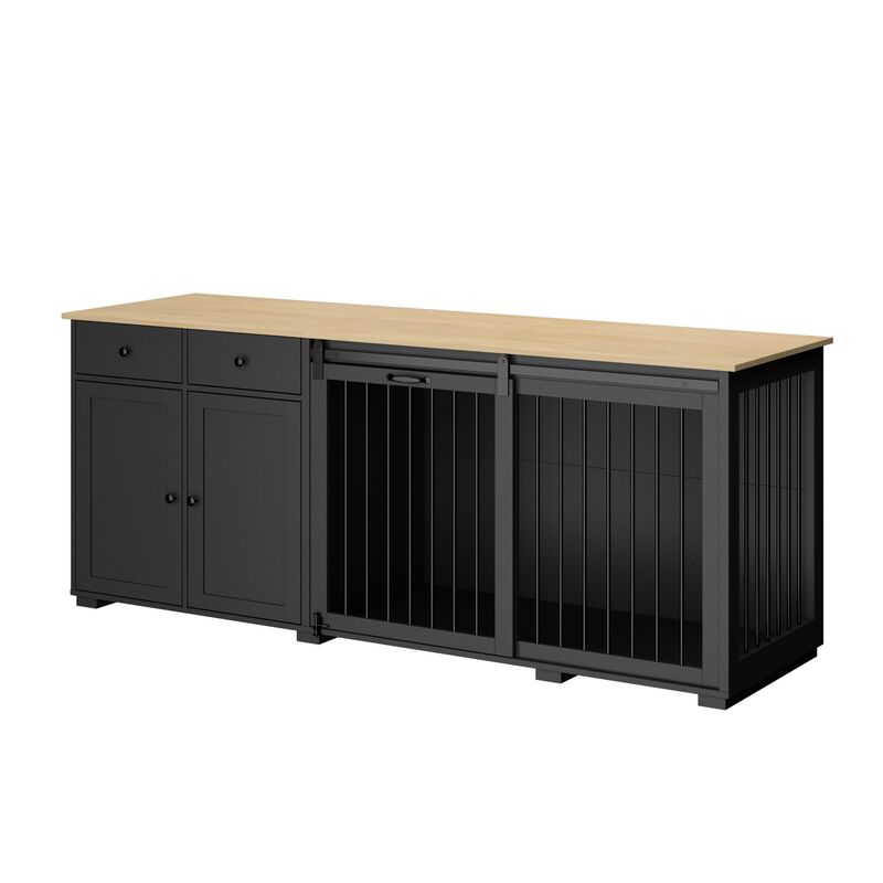 Large Dog House Furniture Dog Crate Storage Cabinet, Dog Cage with 2-Drawers and Sliding Door for Large Dogs, Black