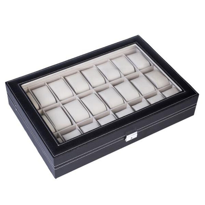 Elegant 24-Compartment Leather Watch Storage Box, Top-Level Opening Style Organizer for Watches and Jewelry