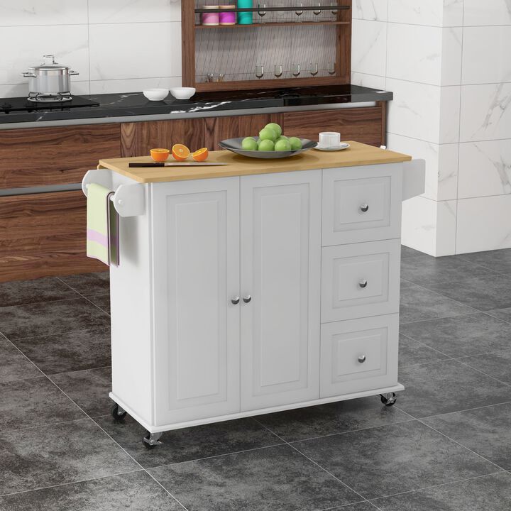 White Kitchen Helper: Rolling Island Cart with Drop Leaf & Storage