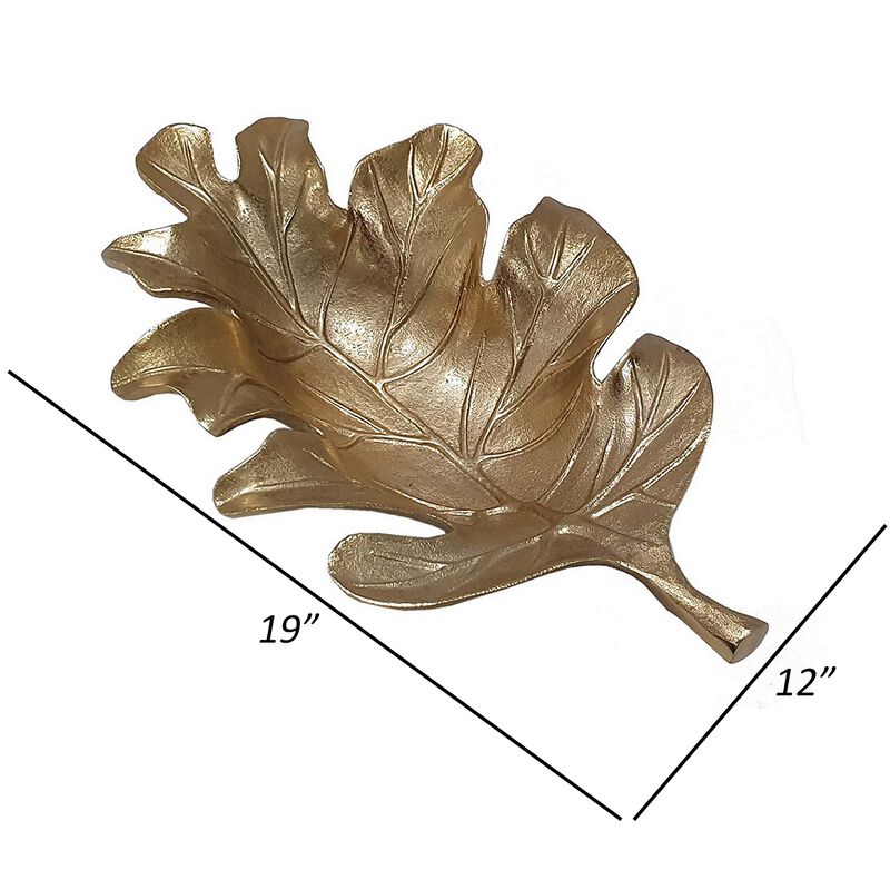 19 Inch Decorative Plate Tray, Oak Leaf Design, Gold Finished Aluminum - Benzara