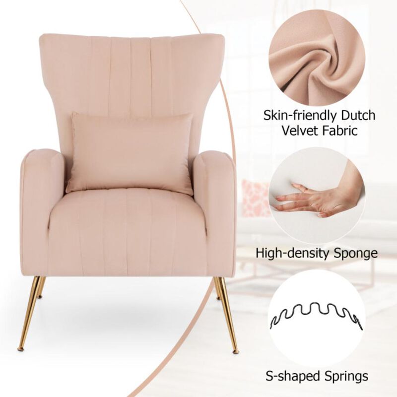 Hivvago Velvet Upholstered Wingback Chair with Lumbar Pillow and Golden Metal Legs