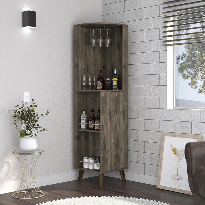 DEPOT E-SHOP Jaipur Corner Bar Cabinet, Two External Shelves, One Drawer, Two Interior Shelves, Dark Brown