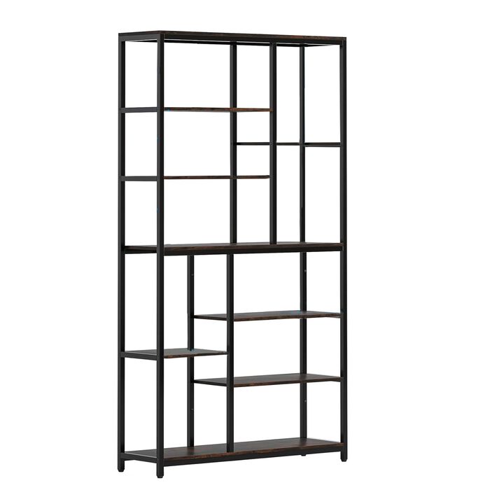 Tall Accent Bookshelf, 9 Tier Brown Shelves, Black Metal 78 Inch - Benzara