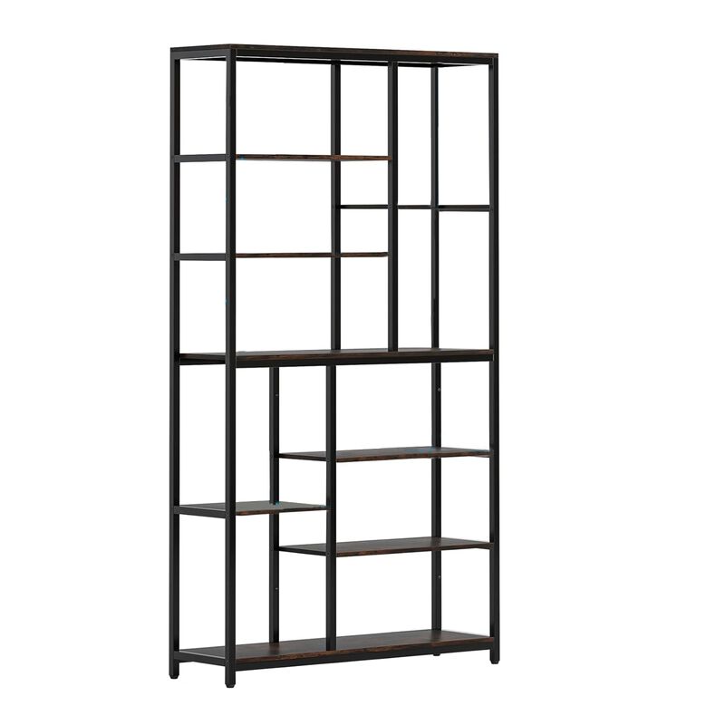 Tall Accent Bookshelf, 9 Tier Brown Shelves, Black Metal 78 Inch - Benzara