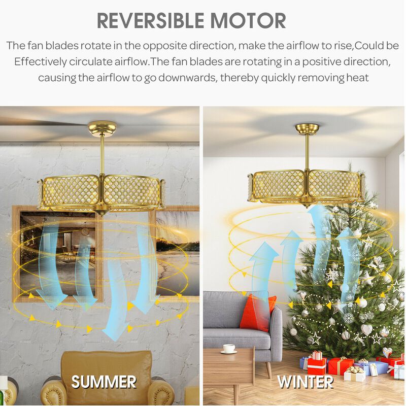 30 Inch Caged Ceiling Fan With Light Crystal Lampshade 6 Light Bases-Golden