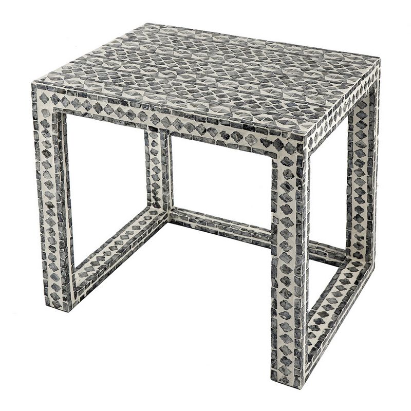 Set of 2 Nesting Side End Tables, Capiz Inlaid Design, Gray and White - Benzara