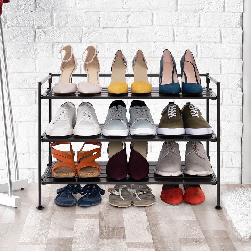 Hivvago 3 Tier Metal Espresso Brown Woodgrain Resin Foldable Stackable Shoe Rack