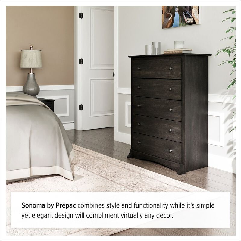 Prepac Sonoma 5-Drawer Chest, Washed Black