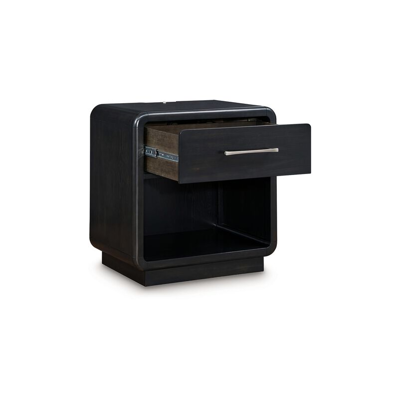 Robeck Nightstand, 1 Drawer, Black 26 Inch, Silver Metal Handles - Benzara