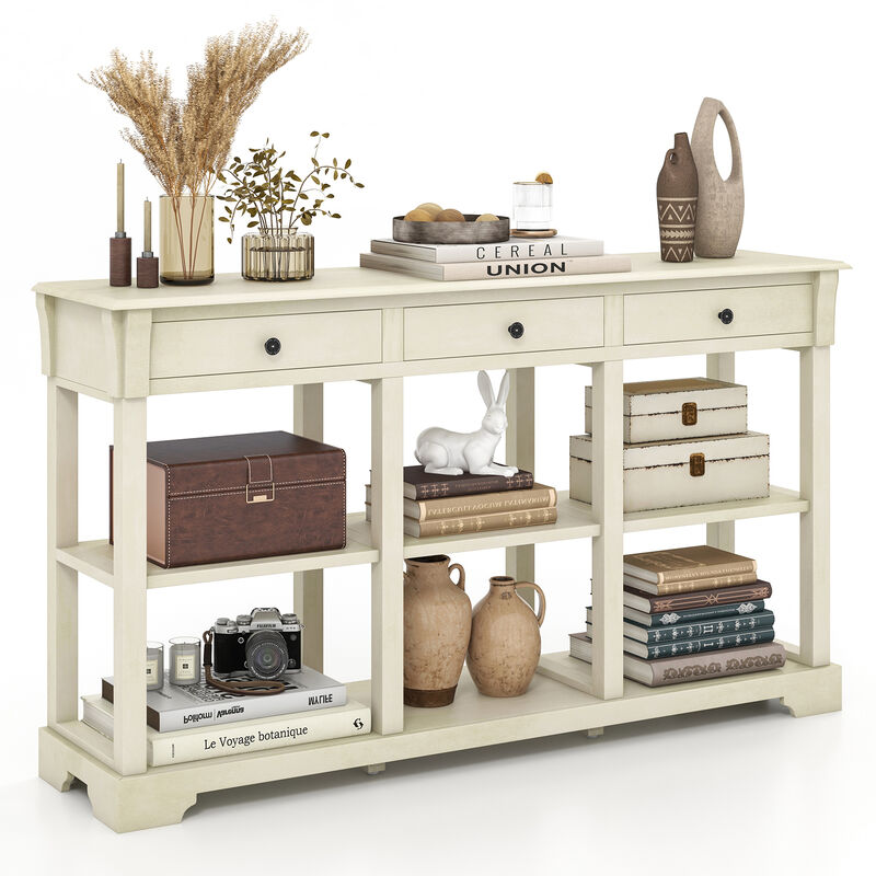 58" Retro Console Table with 3 Drawers and Open Shelves Rectangular Entryway Table