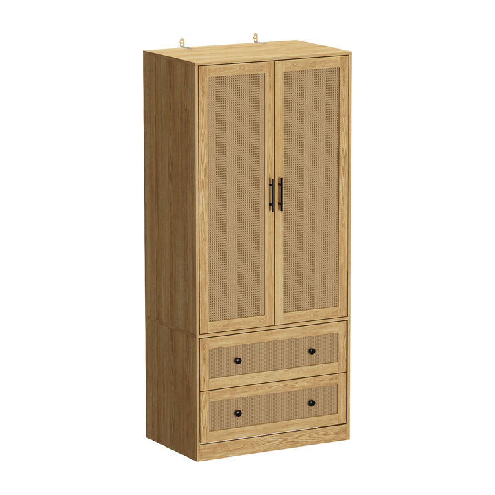 Brown Wooden Grain 31.4 in. Width Wooden Wardrobe, Armoire with 2-Tier Drawers and Hanging Bar