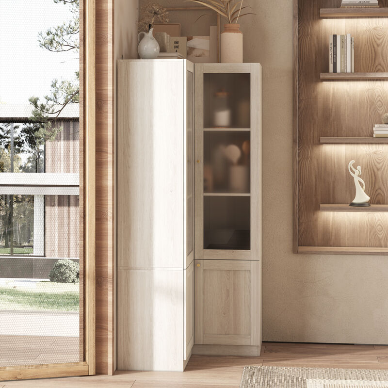 FUFU&GAGA Modern Wood Grain Food Pantry Cabinet with Adjustable Shelves and Glass Doors (31.5" W x 70.9" H x 31.5" D), Elegant Brass Pull Handles