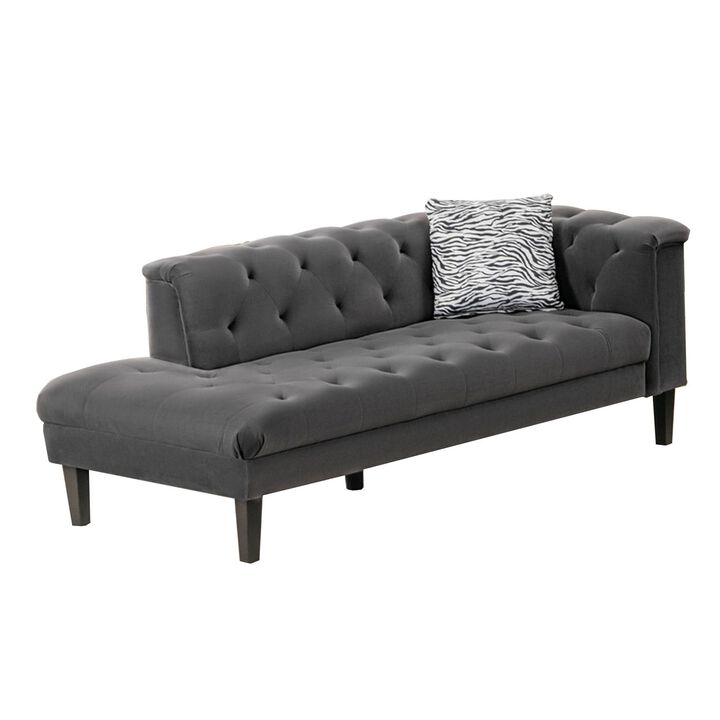 Aki 77 Inch Chaise Lounger with Pillow, Deep Button Tufted, Gray Velvet-Benzara