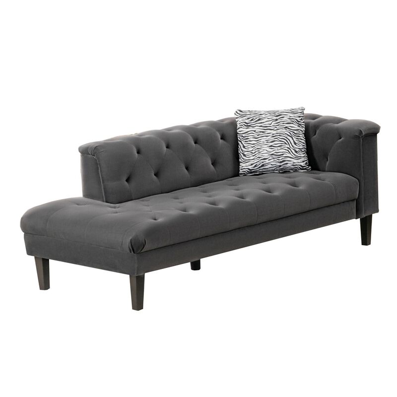 Aki 77 Inch Chaise Lounger with Pillow, Deep Button Tufted, Gray Velvet-Benzara