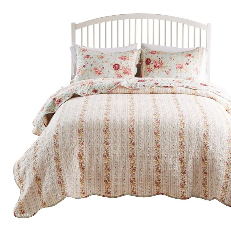Rosle 3pc King Size Bedspread Set, 2 Shams, Rose Print, Soft Blue Cotton