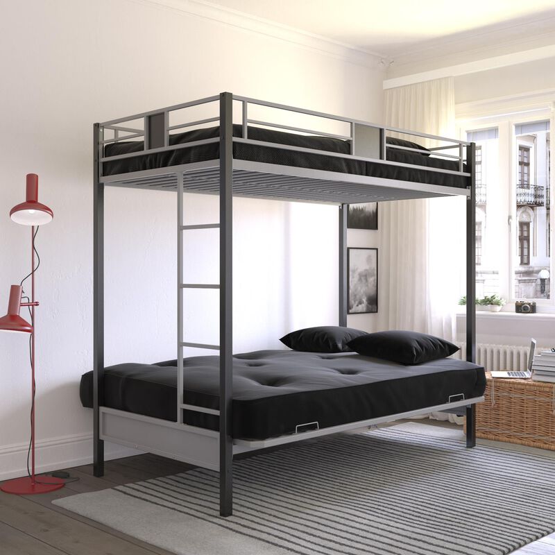 Reeta Twin over Futon Metal Bunk Bed, Silver and Black