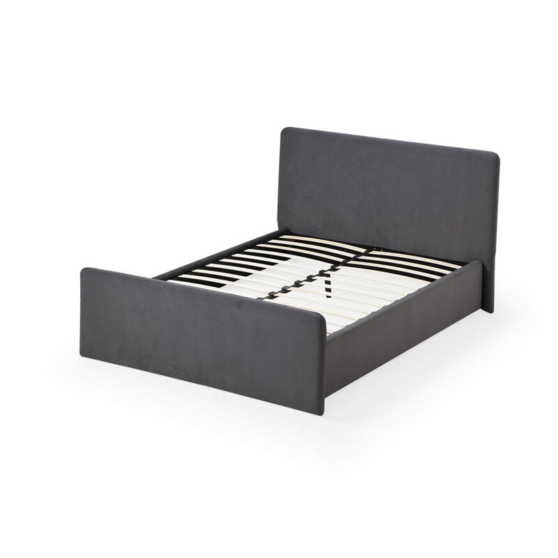 Cave Queen Size Platform Bed, Soft Velvet Upholstered, Charcoal Gray - Benzara