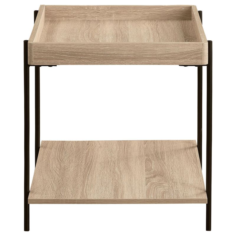 Allen Side End Table, Tray Top, Shelf 23 Inch Brown Wood, Black Metal - Benzara