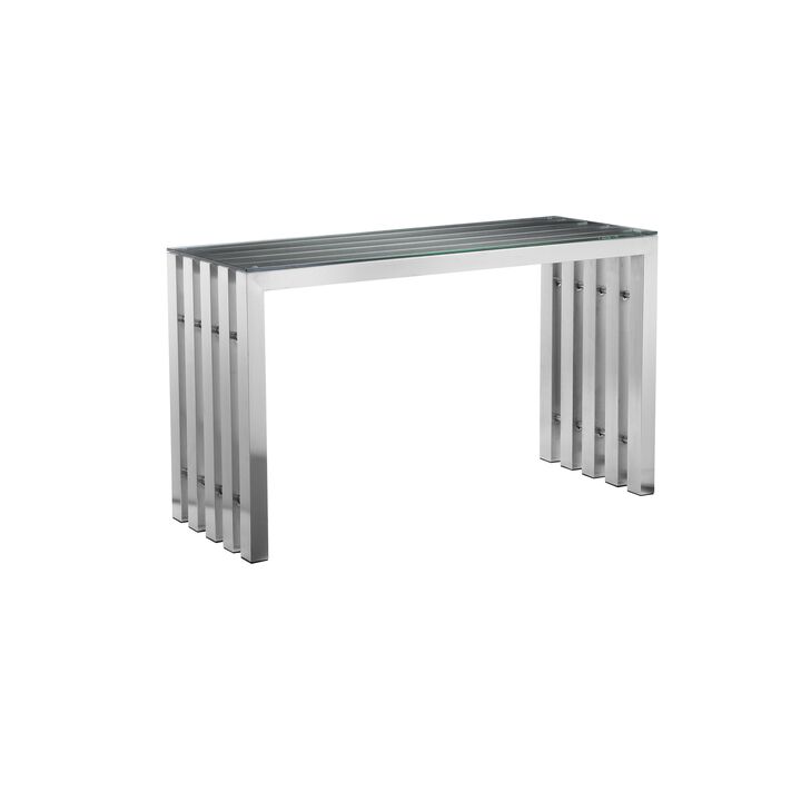 Namo 51 Inch Console Table, Tempered Glass Top, Slatted Silver Metal Frame - Benzara