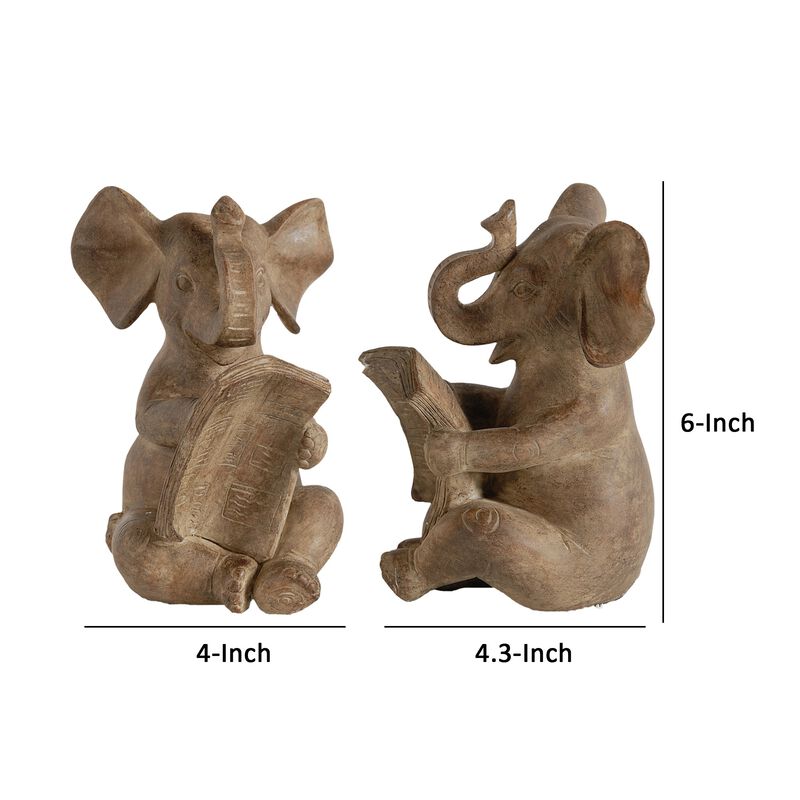 Ari Set of 2 Bookends, Reading Elephant Statuettes, Classic, Brown Resin - Benzara