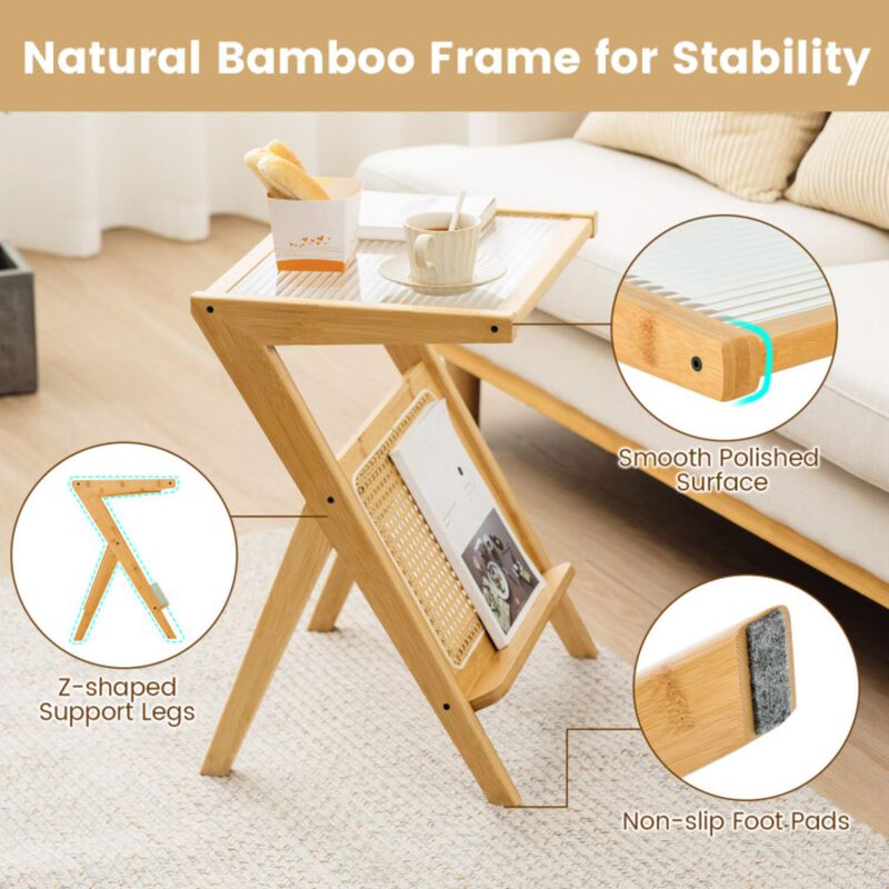 Hivvago Boho End Table with Magazine Rack and Tempered Glass Top