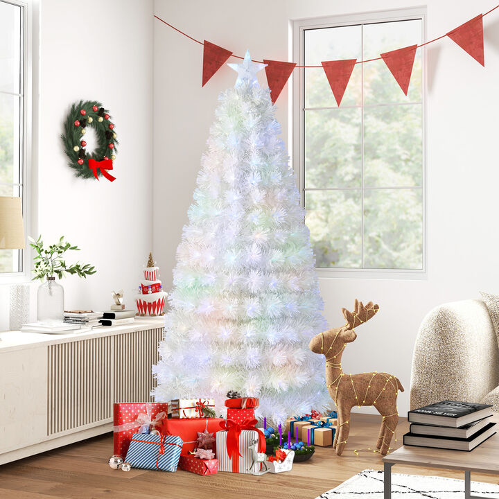 5/6/7 Feet Pre-Lit Fiber Optic White Snow-Flocked Artificial Christmas Tree