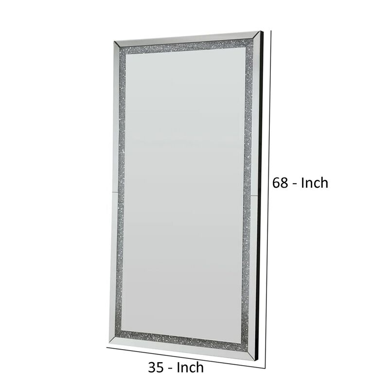 Floor Mirror with Faux Diamond Inlays and LED Trim, Silver-Benzara