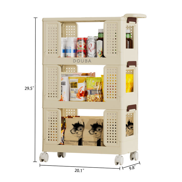 Kitchen Storage Cart with 3 Tiers, Lockable Wheels & Shelves for Laundry, Living Room & More