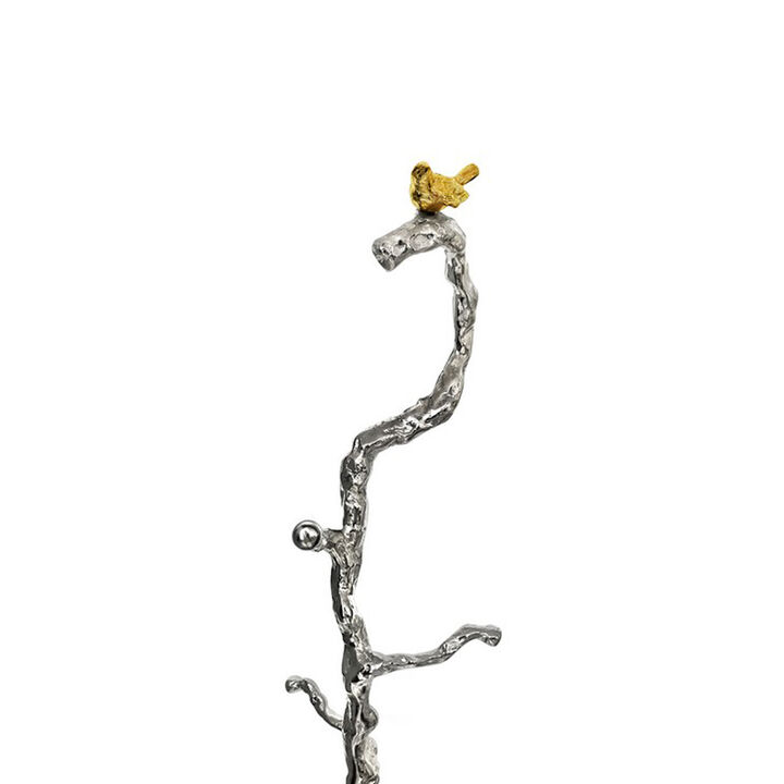 71 Inch Modern Aluminum Coat Stand, Branch Accent, Perched Bird, Silver - Benzara