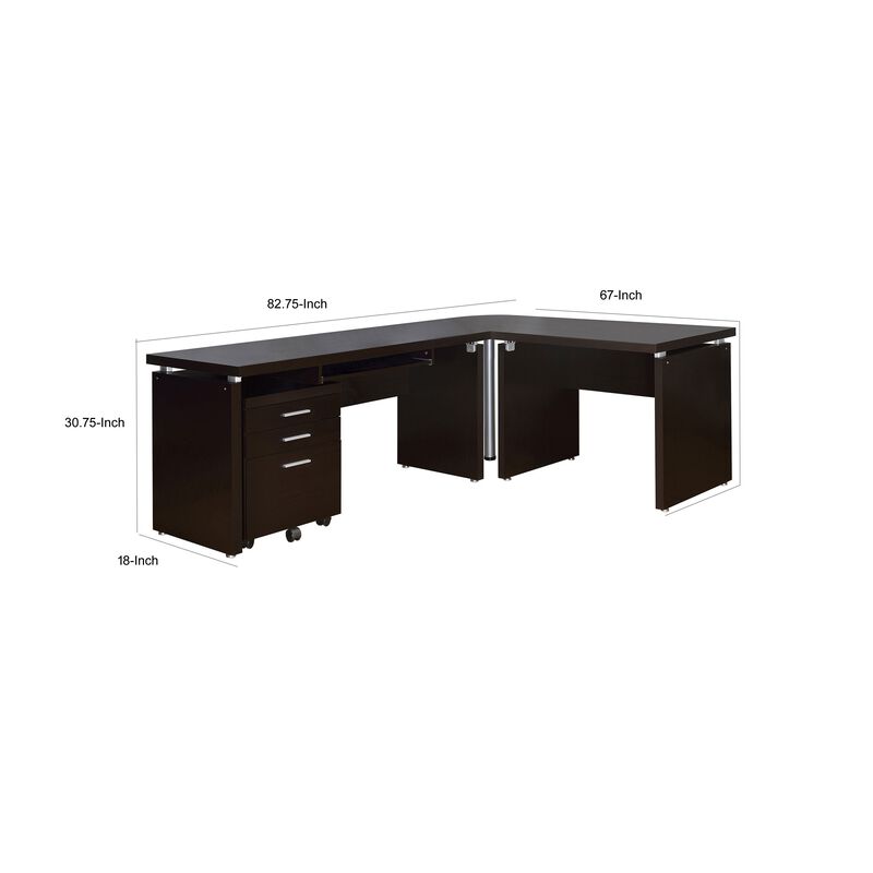 Niti 2 Piece Home Office L Desk with File Cabinet, Keyboard Tray Dark Brown - Benzara