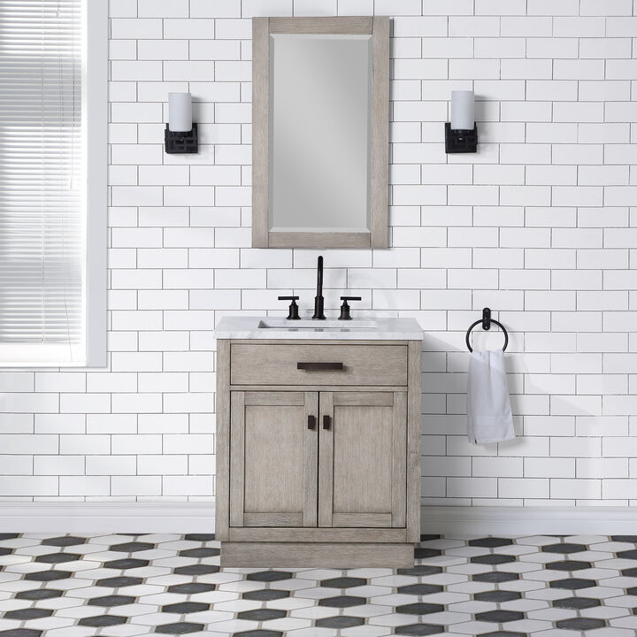 Chestnut 30 In. Single Sink Carrara White Marble Countertop Bath Vanity In Grey Oak with Oil Rubbed Bronze Hardware