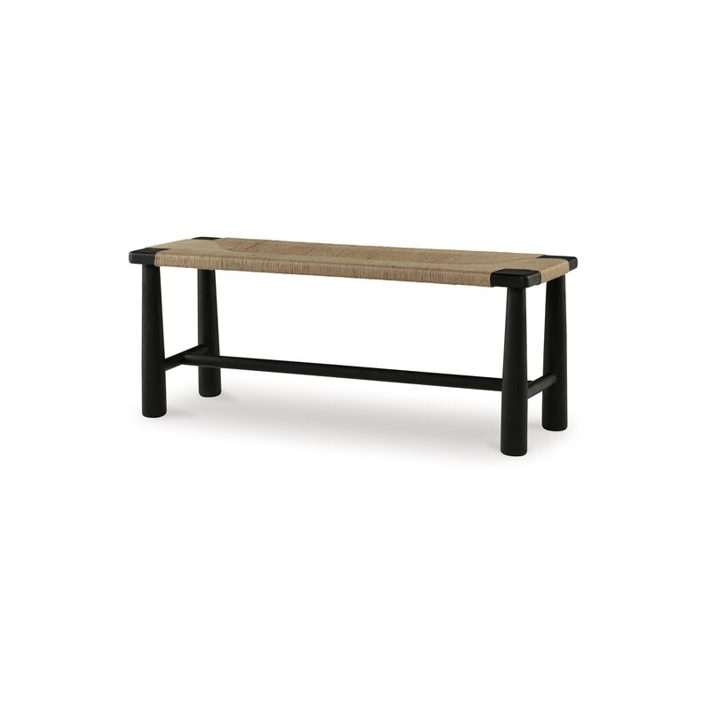 Accent Bench, 48 Inch, Handwoven Natural Brown Jute, Black Solid Wood - Benzara