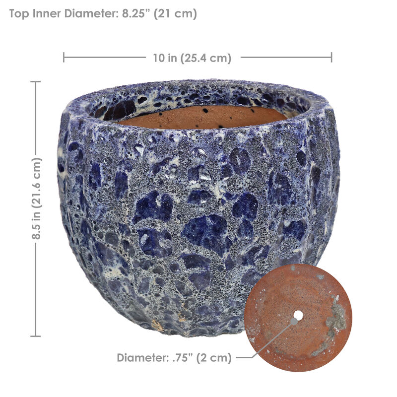 Sunnydaze 10" Round Fluted Lava Finish Planter - Dark Blue - Set of 2