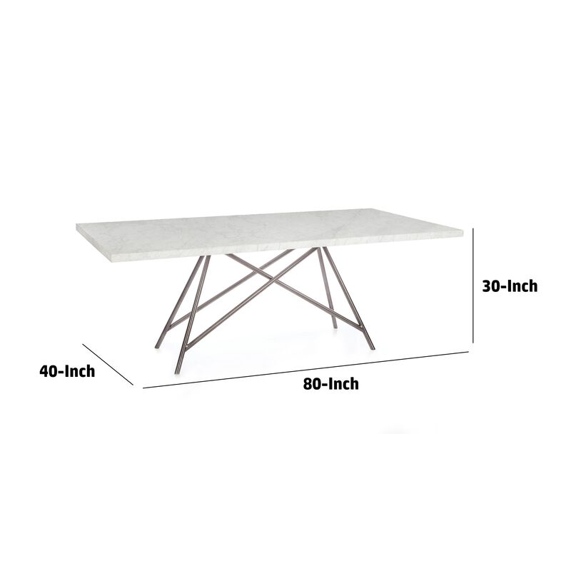 Levi 80 Inch Rectangular Carrara Marble Dining Table, Steel Legs, Chrome - Benzara