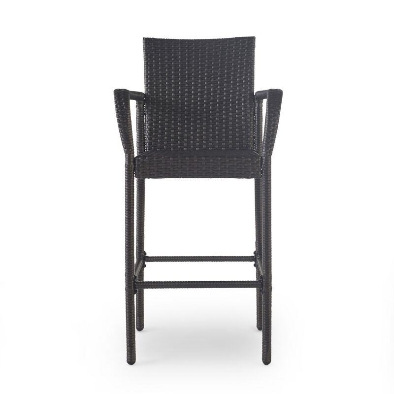 Outdoor Barstool Chair Set of 2, Gray PE Rattan Woven, Iron Frame - Benzara