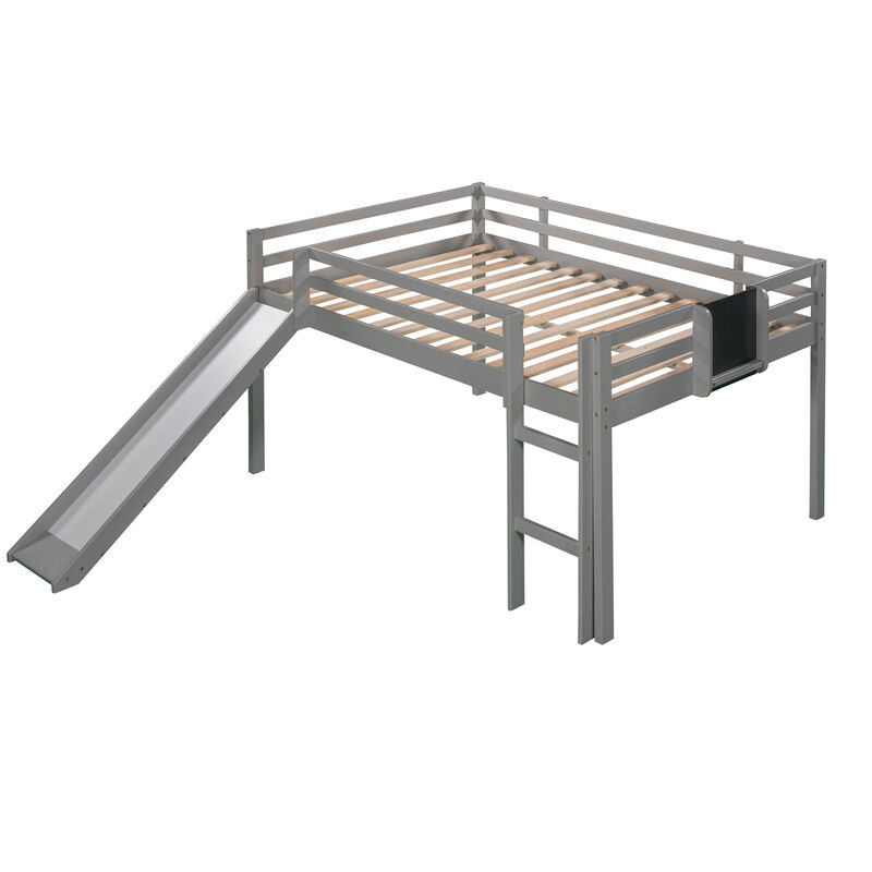 Full Size Loft Bed Wood Bed with Slide, Stair and Chalkboard