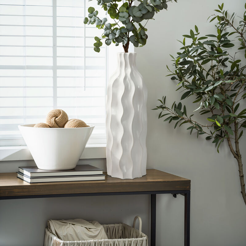 LuxenHome White Waves Ceramic 15.75-Inch Tall Round Vase