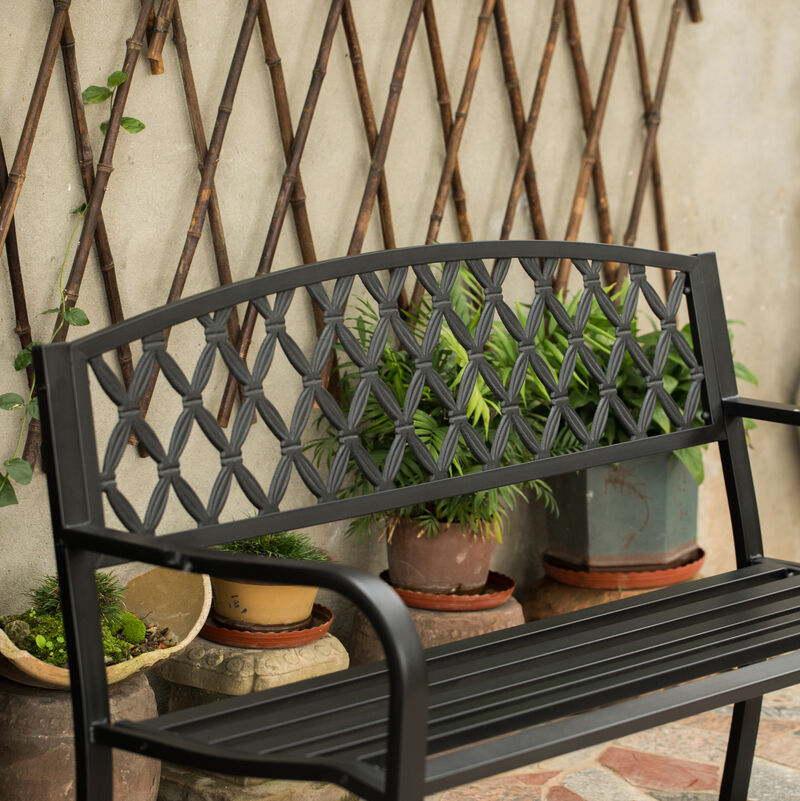 Gardenised Black Outdoor Garden Patio Steel Park Bench Lawn Decor with Cast Iron Back Seating bench, with Backrest and Armrest for Yard, Patio, Garden, Balcony, and Deck